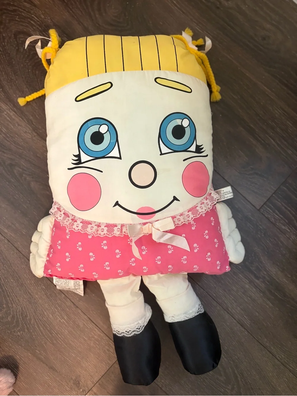 1985 Pillow People Stuffed Toy 24” Blue Eyed Blond Girl Pigtails Ribbons Lace